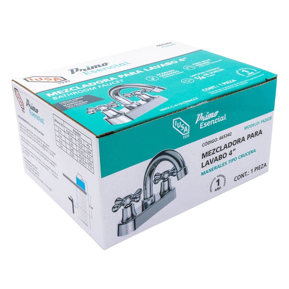 IUSA - Mezcladora de 4” para Lavabo con Manerales de Cruceta, Primo Esencial, IUSA