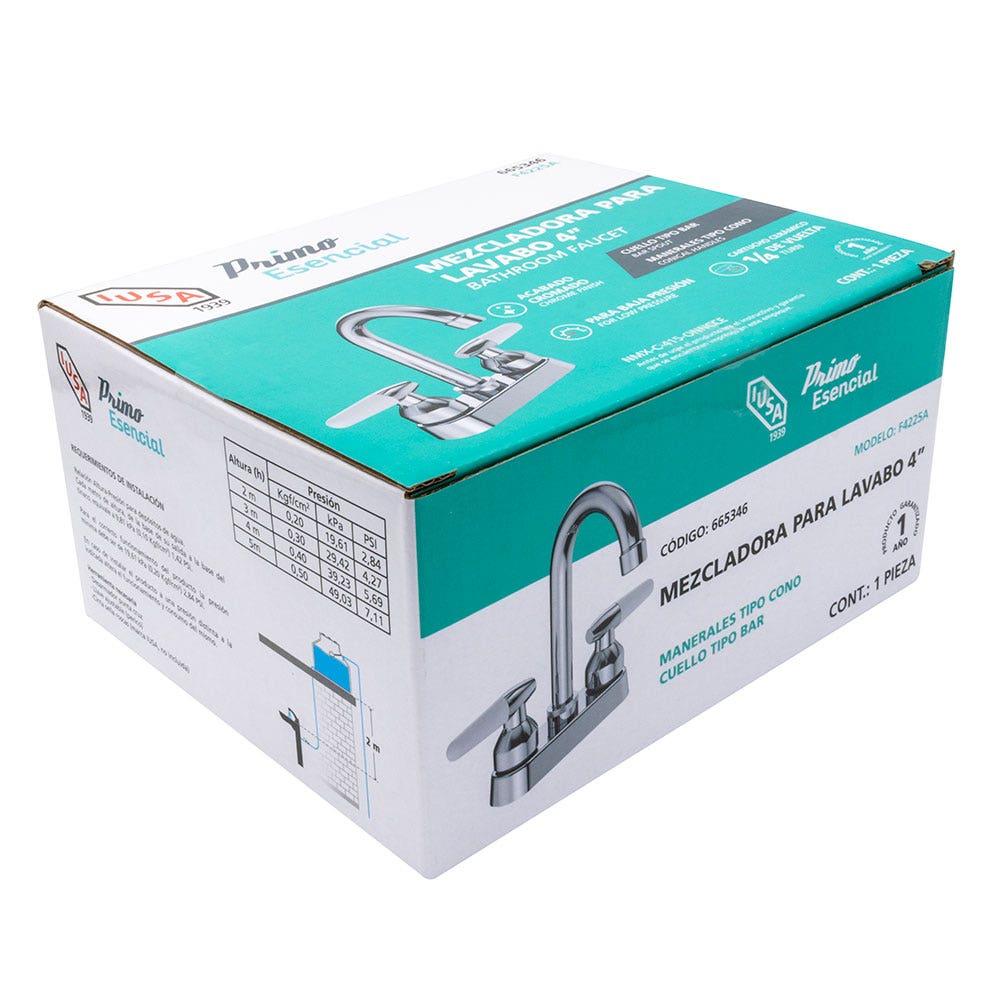 IUSA - Mezcladora de 4” para Lavabo con Manerales Tipo Cono, Primo Esencial, IUSA 