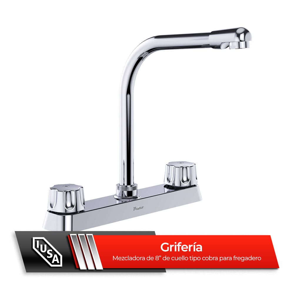 IUSA - Mezcladora de 8” para Cocina con Cuello Tipo Cobra y Manerales Hexagonales, Primo Esencial, IUSA