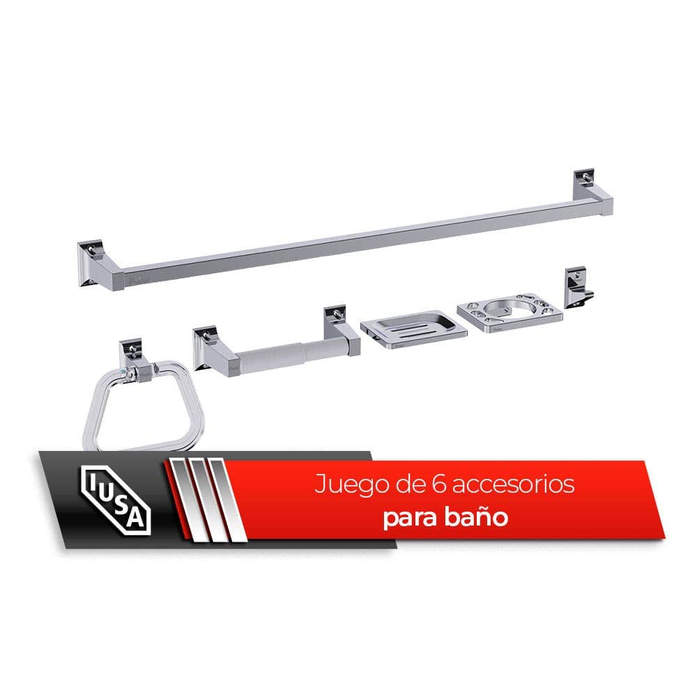 IUSA - Juego de 6 Accesorios para Baño con Kit de Instalación, Cromo, Primo Eseencial, IUSA