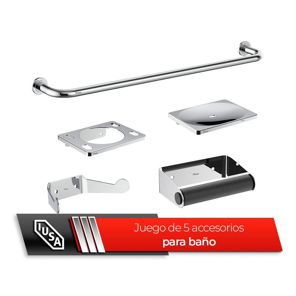 IUSA - Juego de 5 Accesorios Metálicos para Baño con Kit de Instalación, Cromo, Primo Esencial, IUSA