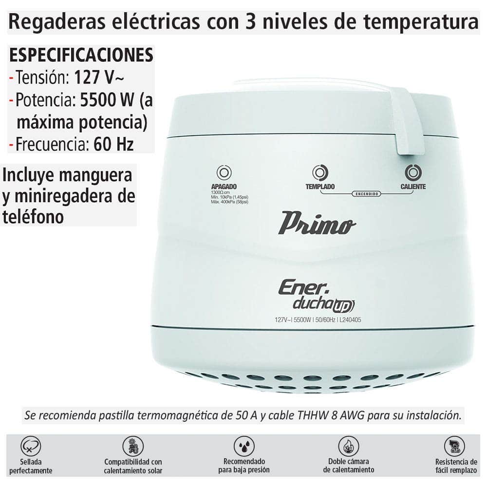 IUSA - Regadera eléctrica de 3 temperaturas, blanca, Primo Esencial, IUSA