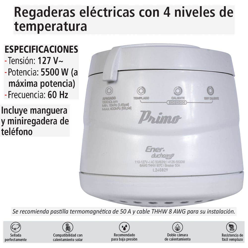 IUSA - Regadera eléctrica de 4 temperaturas, blanca, Primo Esencial, IUSA