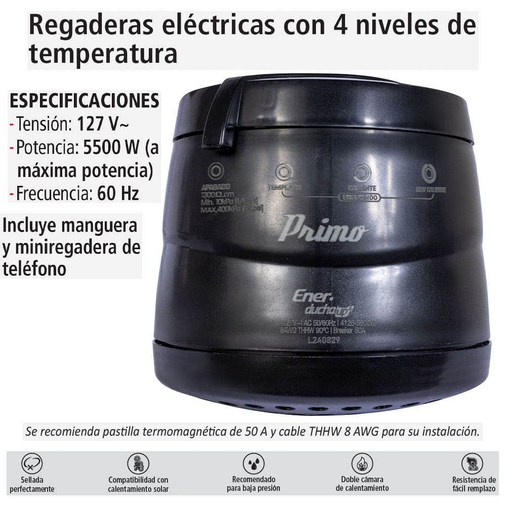 IUSA - Regadera eléctrica de 4 temperaturas, negra, Primo Esencial, IUSA