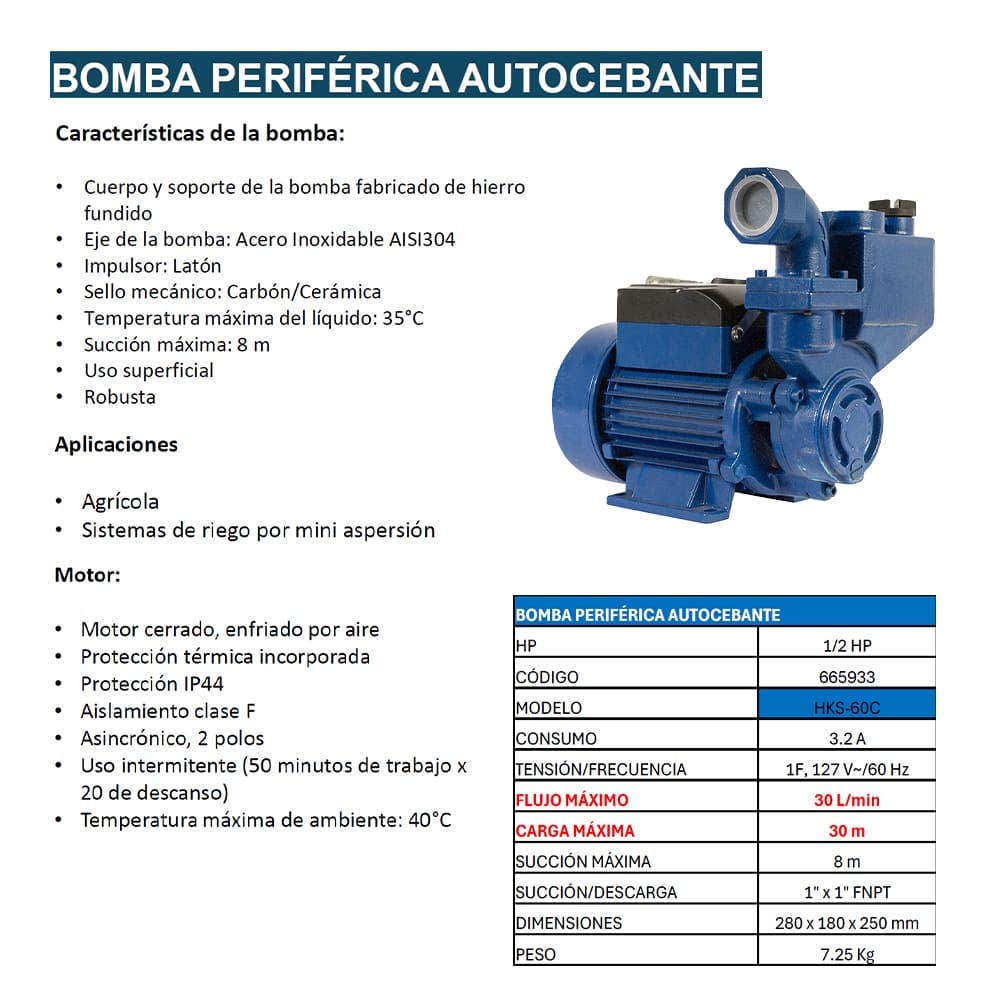 IUSA - Bomba periférica autosocebante 1/2 hp para uso agrícola