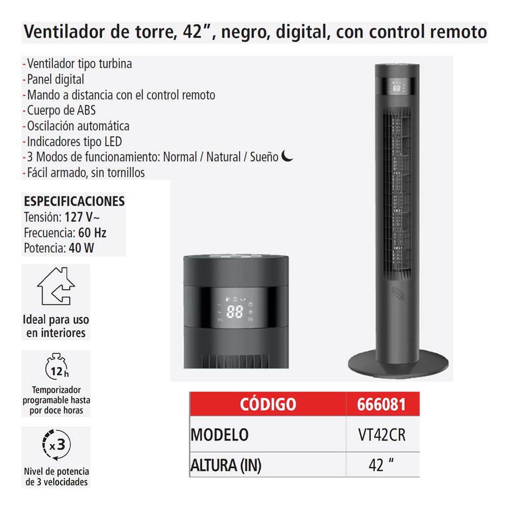 IUSA - Ventilador de torre 42" digital con control remoto