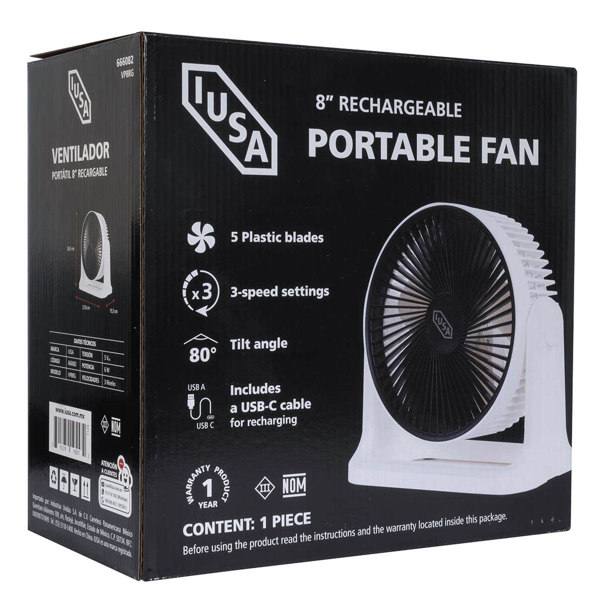 IUSA - Ventilador personal recargable 8" blanco IUSA