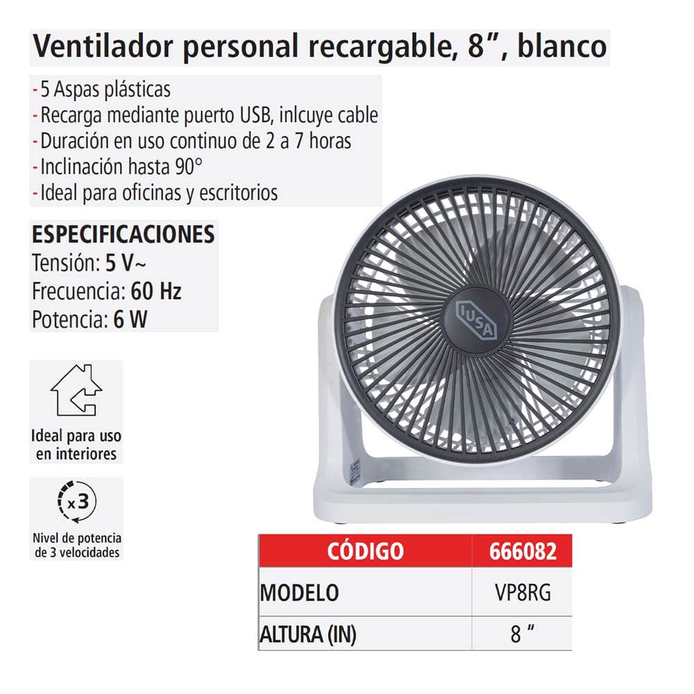 IUSA - Ventilador personal recargable 8" blanco IUSA