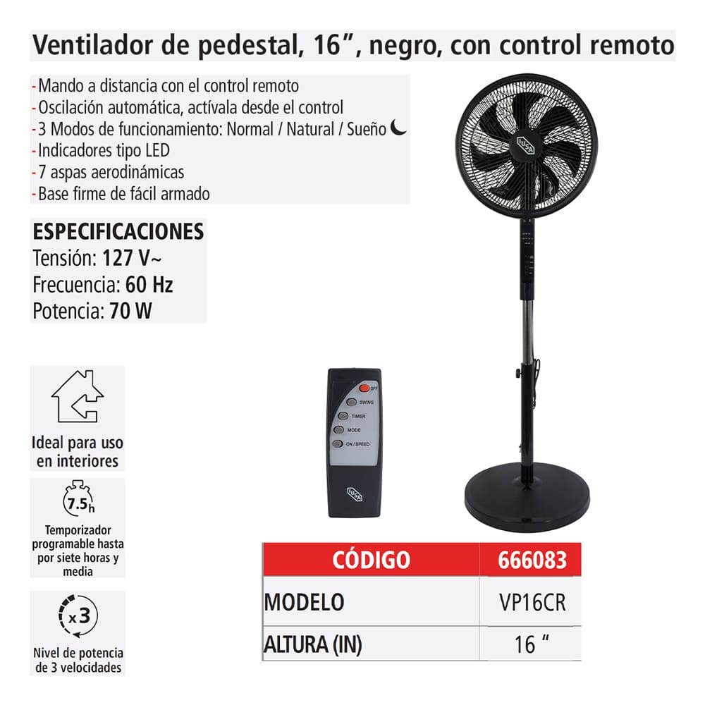IUSA - Ventilador de pedestal 16" digital con control remoto