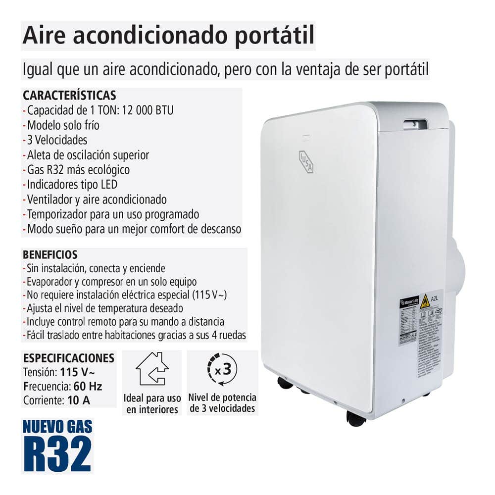 IUSA - Aire acondicionado portátil 1 TON 12,000 BTU R32 IUSA