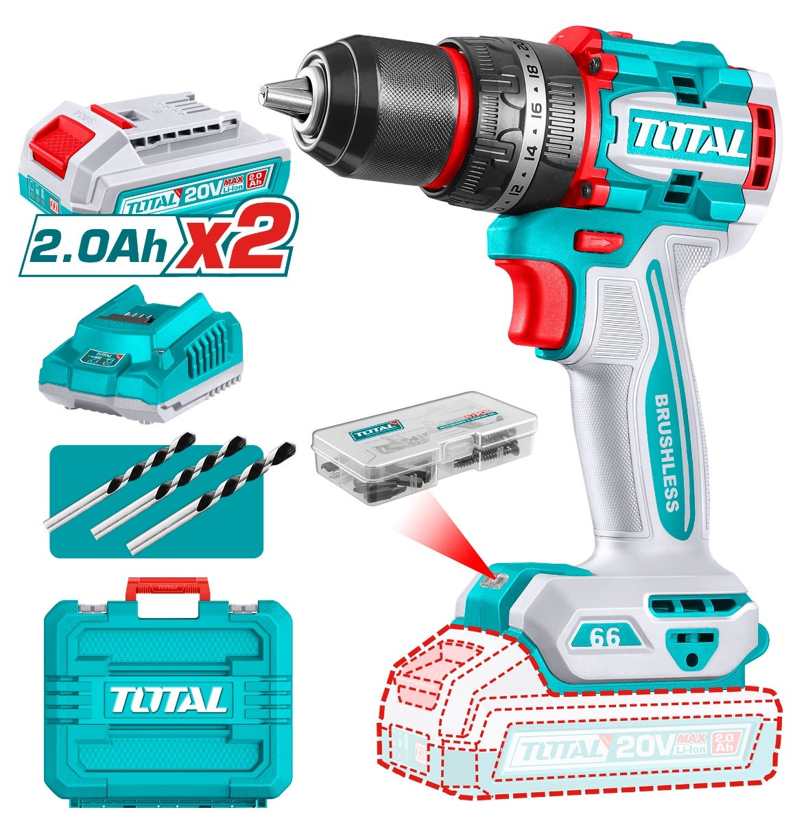 IUSA - Rotomartillo inalámbrico 1/2" 20 V Brushless 60 Nm con kit Total