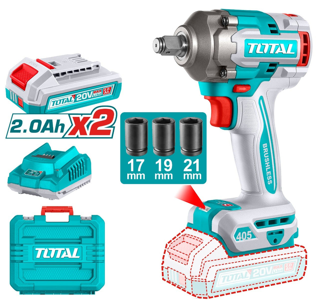 IUSA - Llave de impacto inalámbrica 1/2" 20 V Brushless 300 Nm con kit IUSA