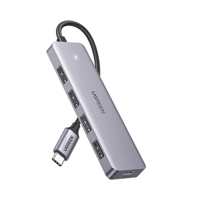 UGREEN - HUB USB-C 3.0 4 EN 1 | 4 Puertos USB-A (5Gbps) | Carcasa ABS + PC | Soporta OTG | Luz Indicadora LED | Compatible con iPhone 15 Pro MAX) | Interfaz Niquelada | Color Gris Metalizado | Cable de 15cm.