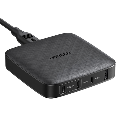 UGREEN - Cargador de escritorio de 100W / 4 Puertos de Carga Rápida / 4 USB-C / 2 USB-A / Tecnología GaN II +SIC / Power Delivery 3.0 / Quick Charge 4.0 / Chip Confiable y Carga Inteligente / Optimiza la Experiencia de Carga