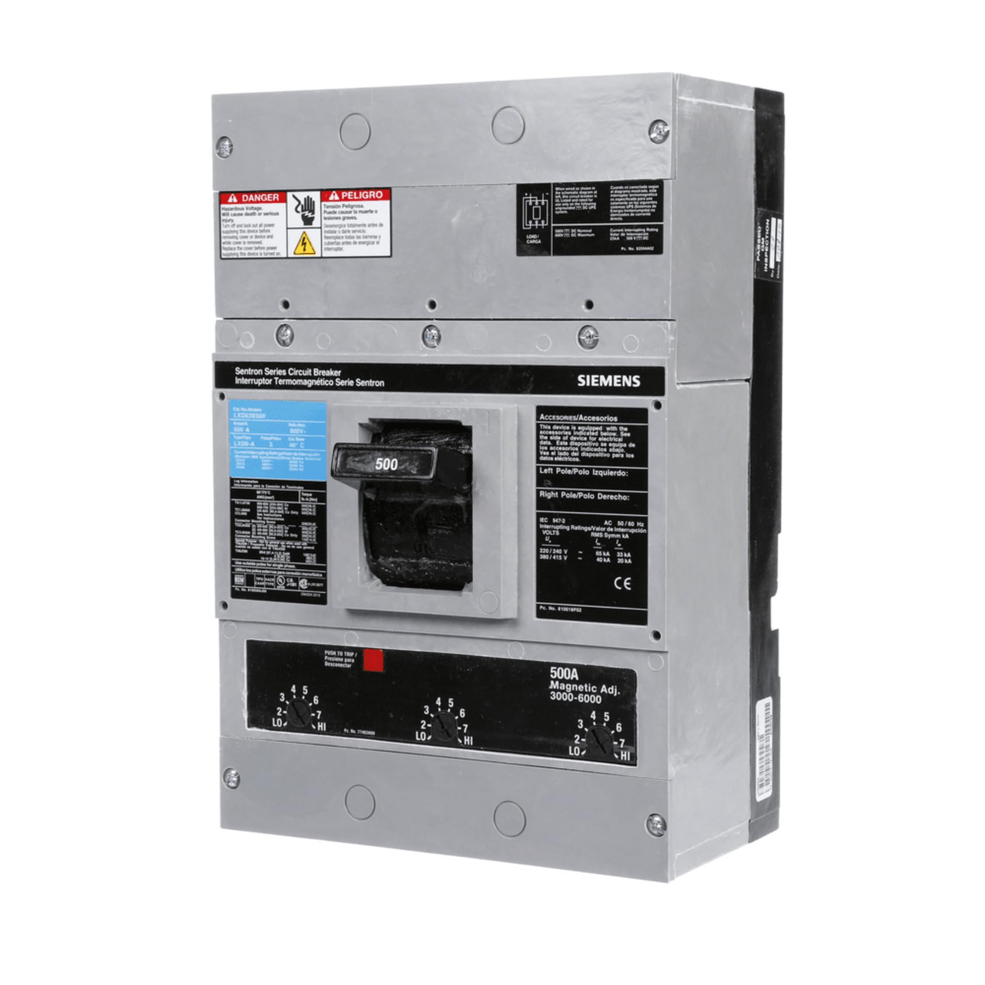 SIEMENS - Interruptor Termomagnético 600V 3X500A, Sin zapatas principales.