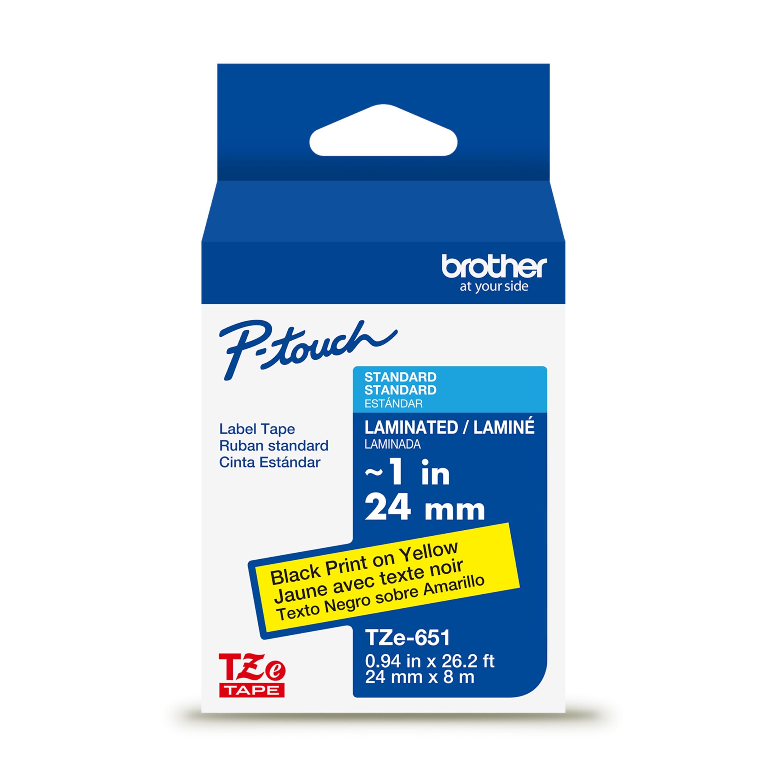 BROTHER - Cinta Laminada Brother Estandar Texto negro sobre cinta amarilla de 24mm x 8m