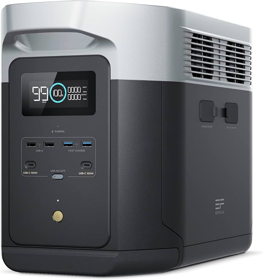 ECOFLOW - EcoFlow Delta 2 Max | Estación de Energía Portátil 2400W / 6 AC 1800 W (Max. 3400W) / 2 USB-C 100W / Capacidad para Aumentar Respaldo / Cargador de Coche 10A a 12.6V / Conectividad WiFi y Bluetooth (App) / Carga Solar 800W Max.