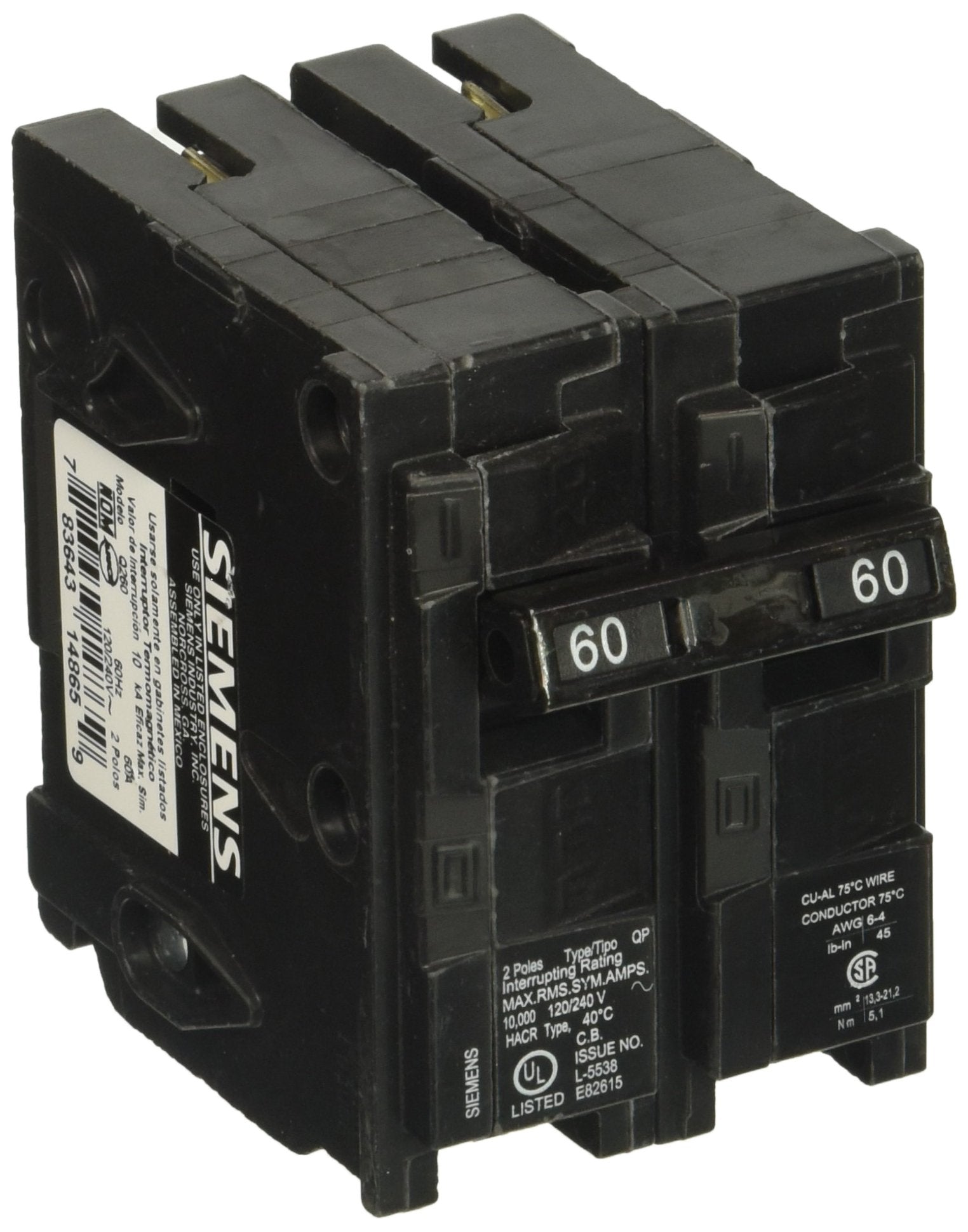 SIEMENS - Interruptor automático enchufable tipo QP 2 polos, 60 amp