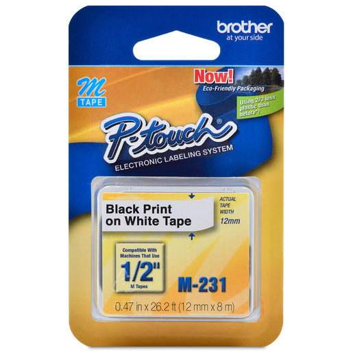 BROTHER - Cinta Brother M231 No Laminada Negro sobre Blanco 12mmx8m Compatibilidad PT85