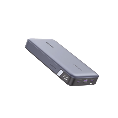 UGREEN - Power Bank de 25000mAh | 3 Salidas 145W Max. | USB-A + 2 USB-C | PD 3.0, QC3.0 | FCP | SCP | Pantalla Inteligente | Carcasa Ignifuga | Color Gris | Incluye Cable USB de 50cm | Carga tu Laptop de Manera Segura.