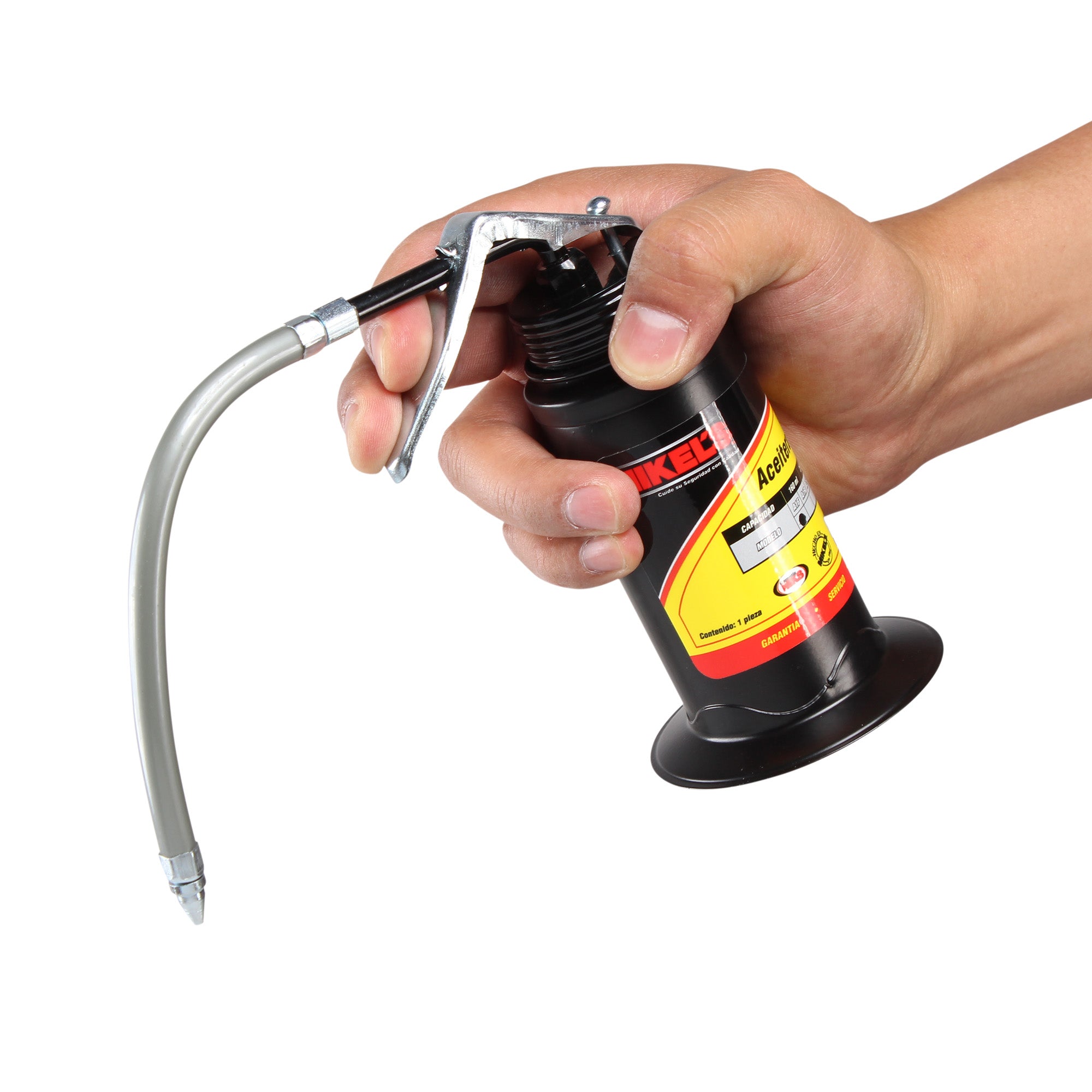 Aceitera de presión, bote de acero, tubo flexible (160 ml)