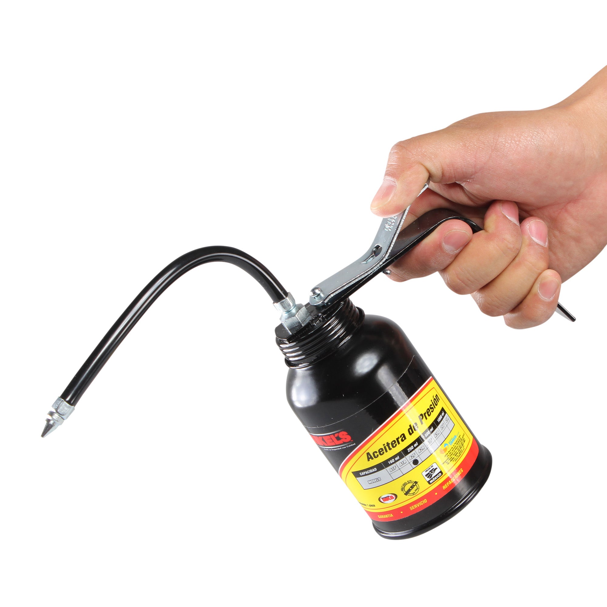 Aceitera de presión, bote de acero, tubo flexible (250 ml)