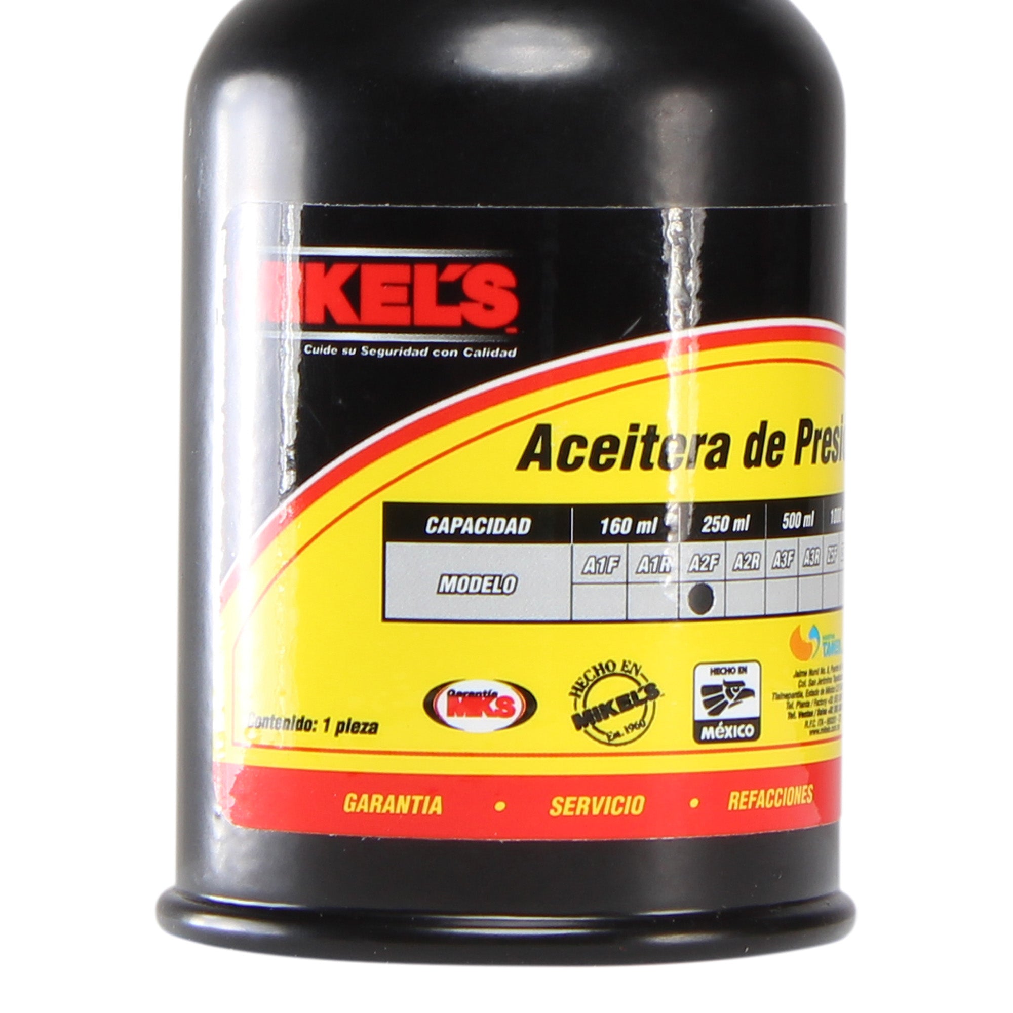 Aceitera de presión, bote de acero, tubo flexible (250 ml)