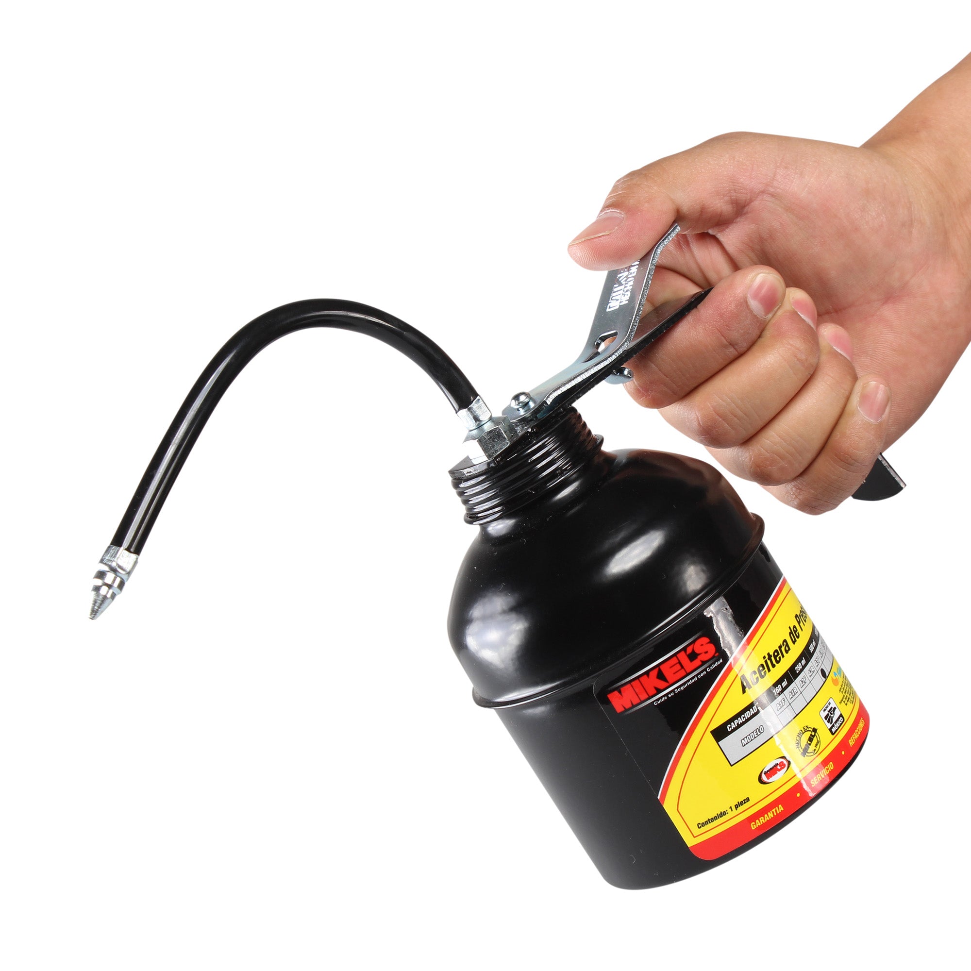 Aceitera de presión, bote de acero, tubo flexible (500 ml)
