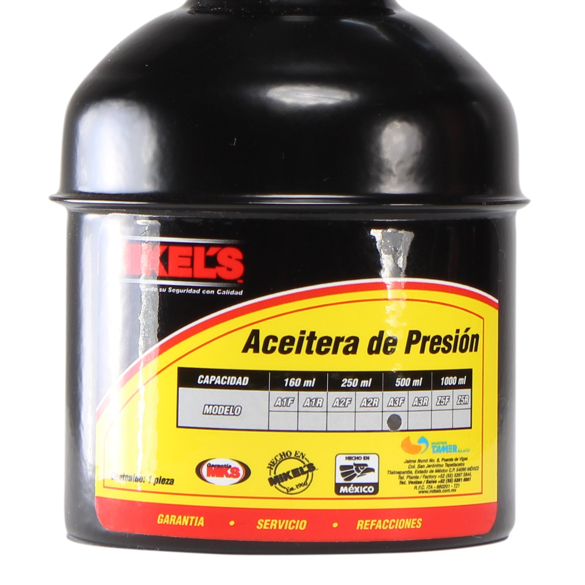 Aceitera de presión, bote de acero, tubo flexible (500 ml)