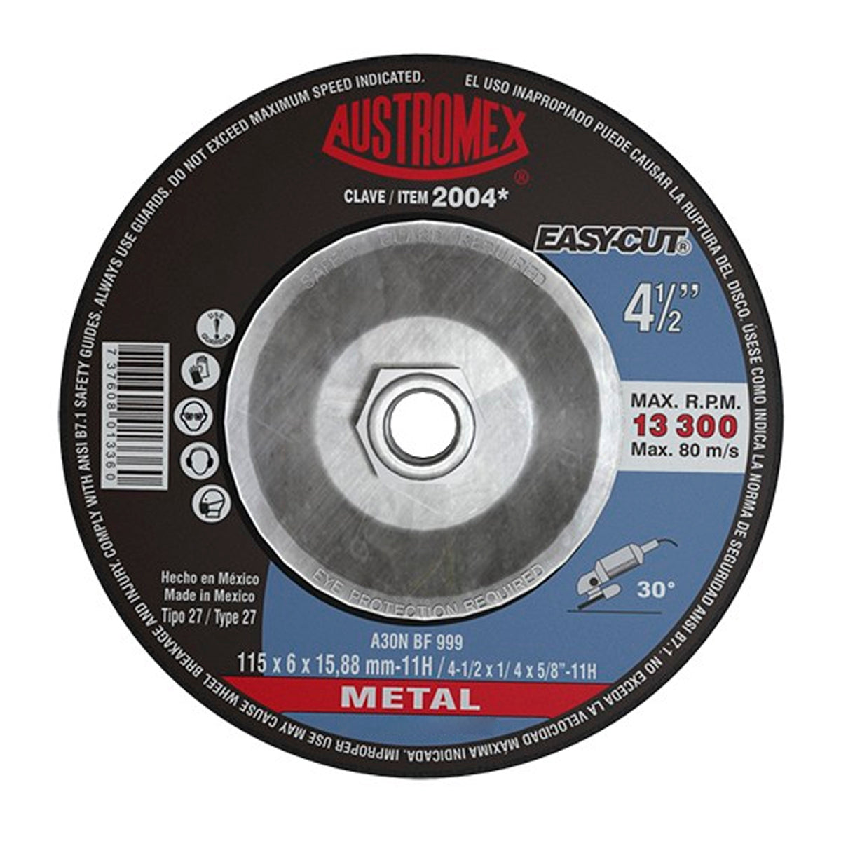 Disco T-27 4.1/2"X1/4"X5/8"-11H" Con Adaptador Integrado Para Desbaste De Metal (Easy-Cut)