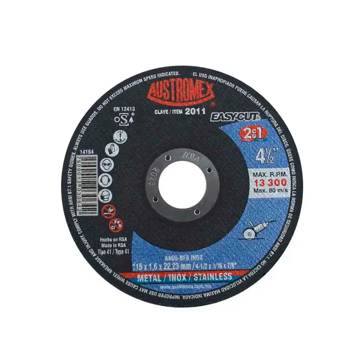 Disco Para Corte De Metal Y Acero Inoxidable 4.1/2"X1.6Mmx7/8"