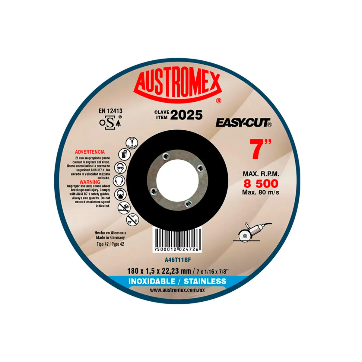 Disco Para Corte De Acero Inoxidable 7"X1/16"X7/8" Tipo 42 Super Preciso (Easy-Cut)