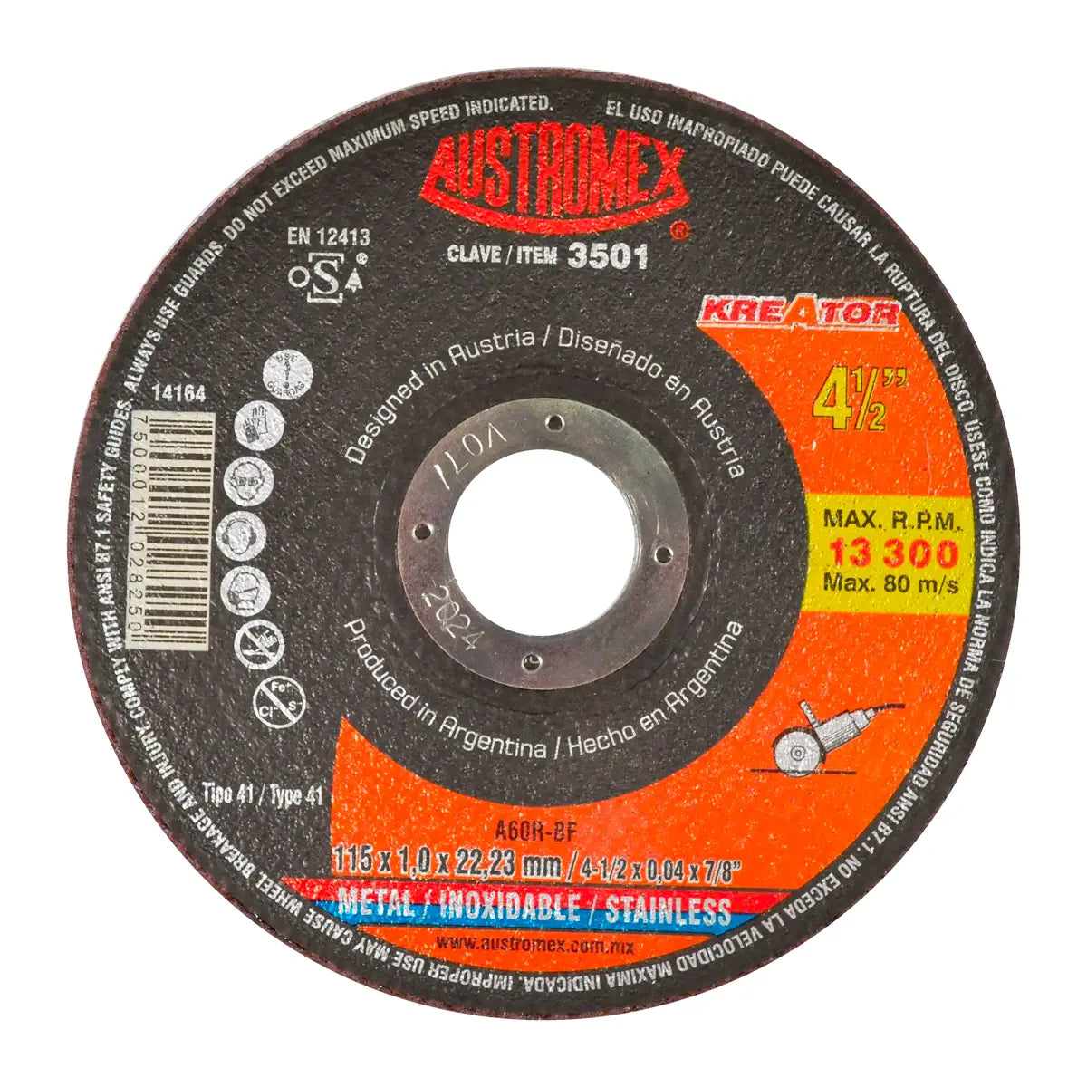 Disco Para Corte De Metal Y A. Inox 4.1/2"X1Mmx7/8" Super Delgado (Kreator)