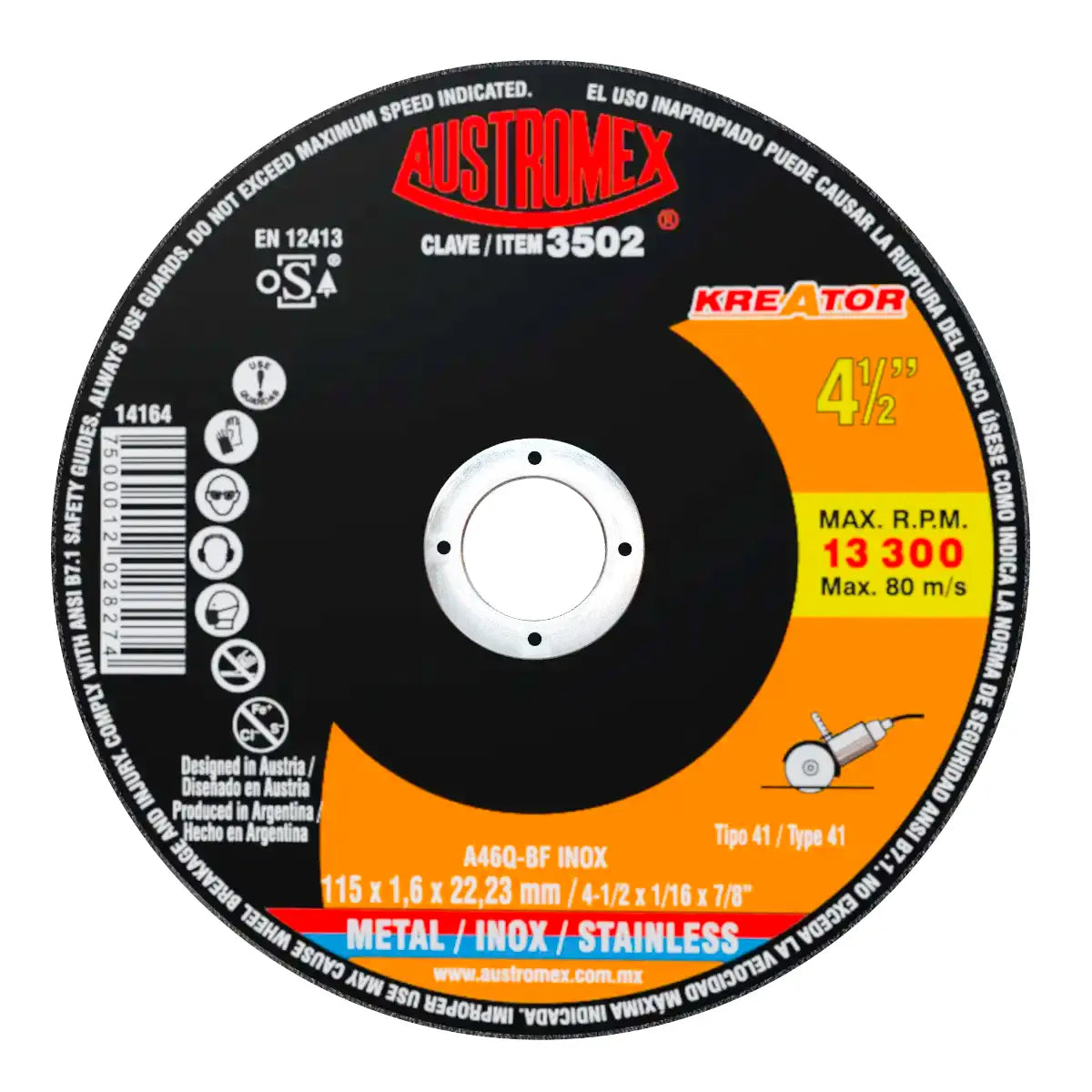 Disco Para Corte De Metal Y A. Inox 4.1/2"X1.6Mmx7/8" Super Delgado (Kreator)