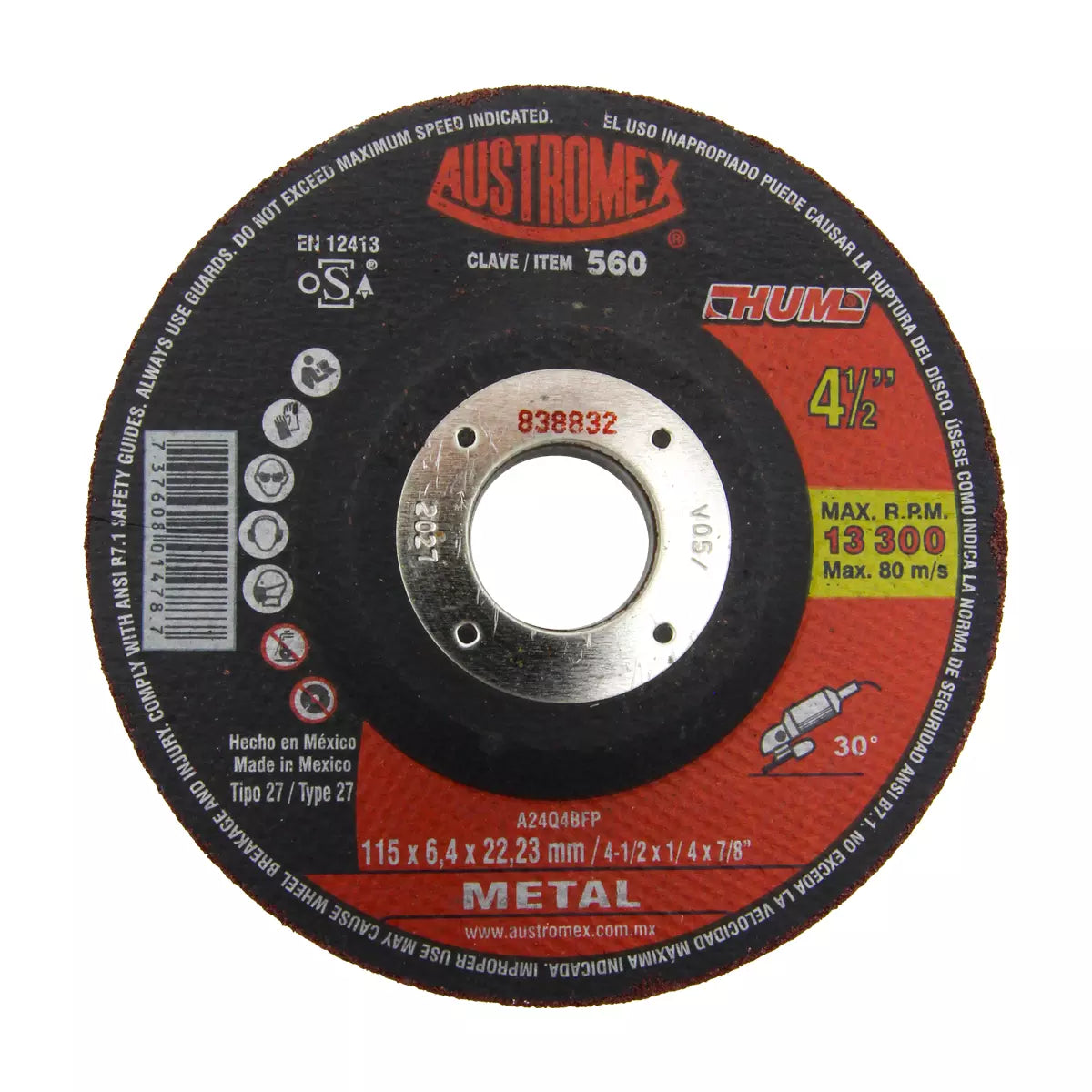 Disco T-27 4.1/2"X1/4"X7/8" Para Desbaste De Metal (Hum)