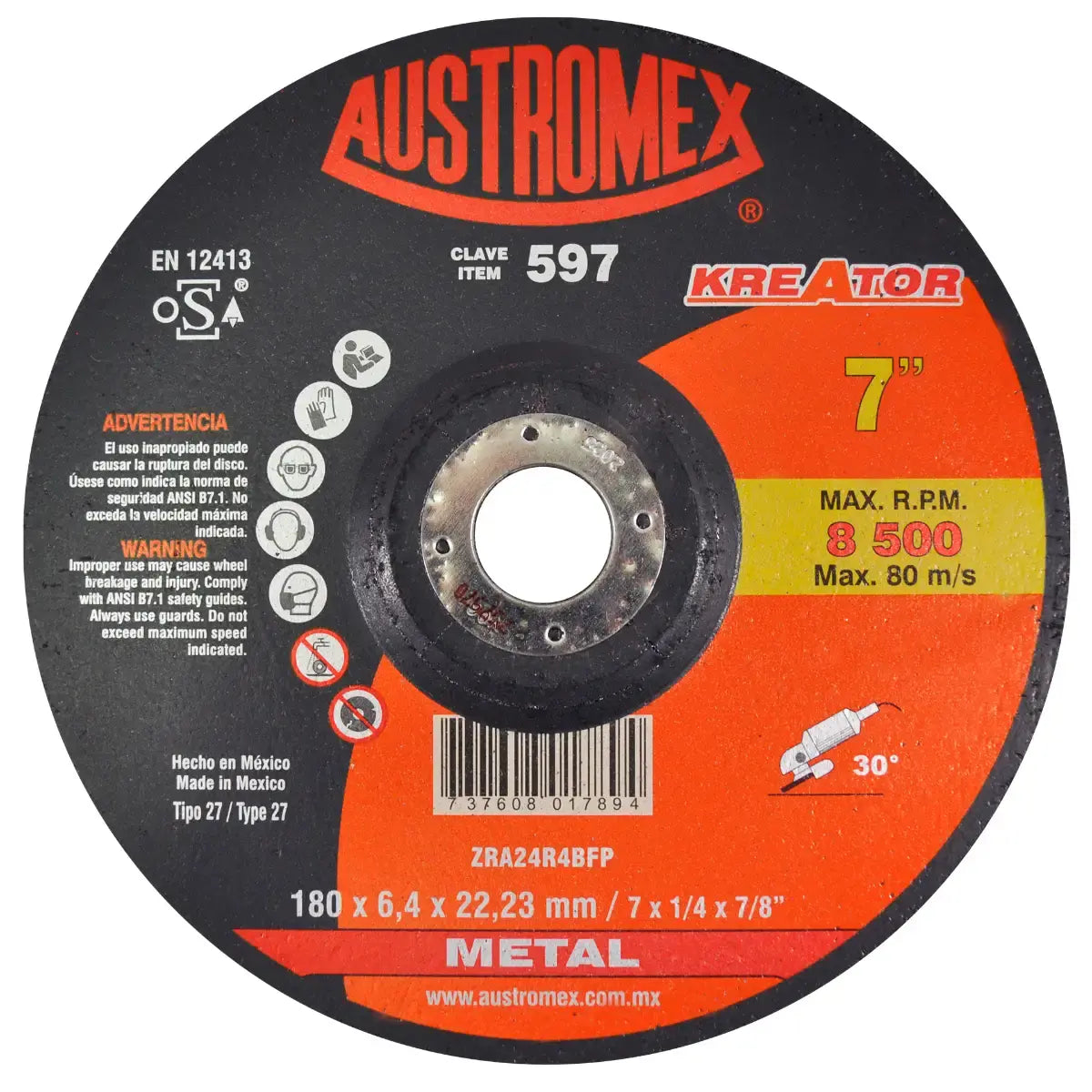 Disco T-27 7"X1/4"X7/8" Para Desbaste De Metal (Kreator)