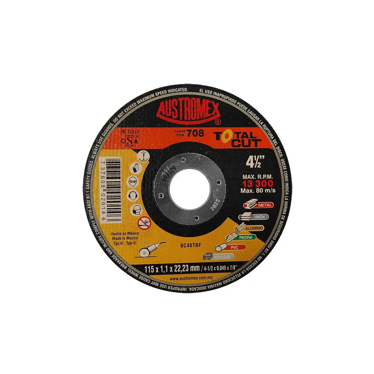 Disco Para Corte Multimaterial 4.1/2"X1.1Mmx7/8" Super Delgado Uso General (Total Cut)