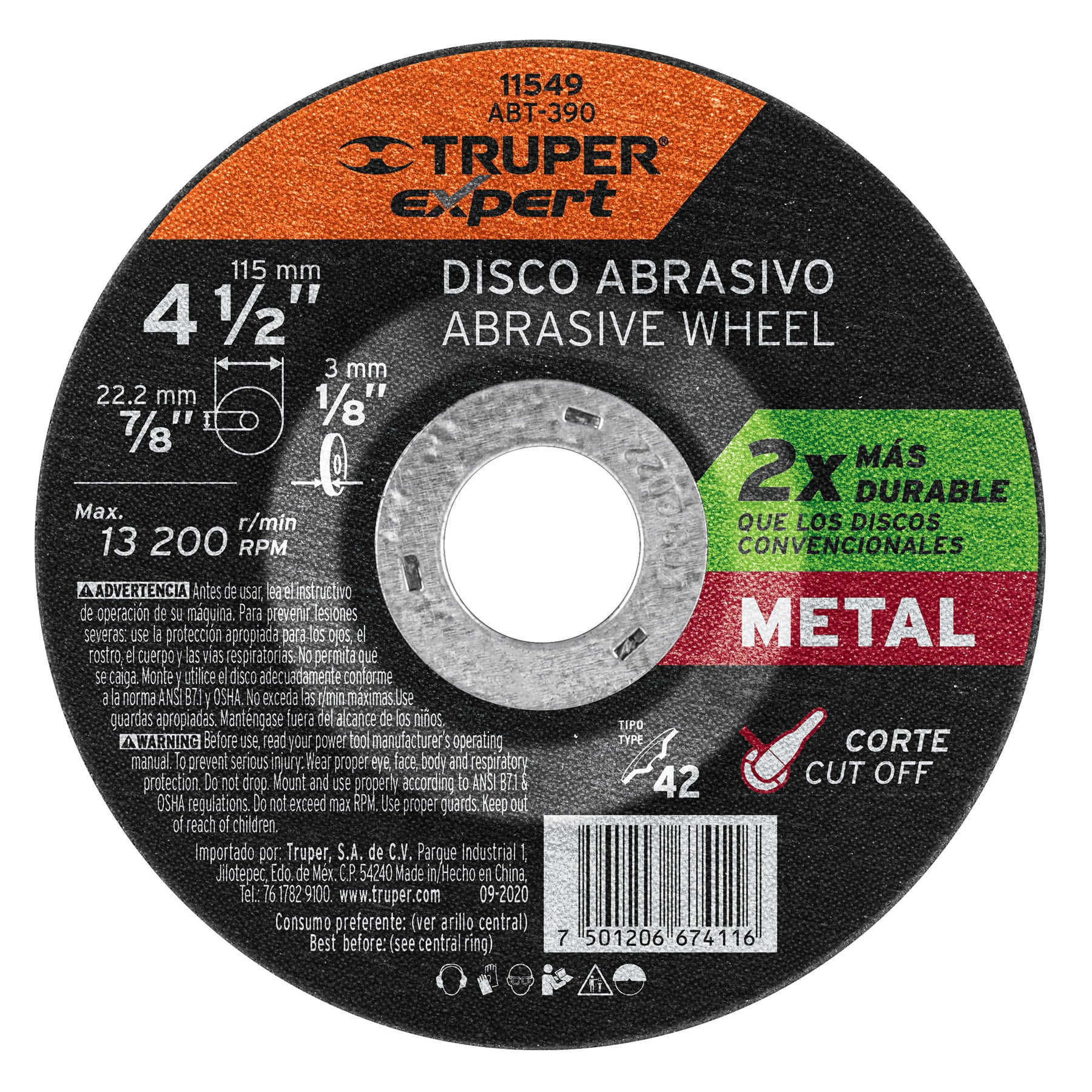 Disco Tipo 42 de 4-1/2' x 3.2 mm corte metal, Truper Expert