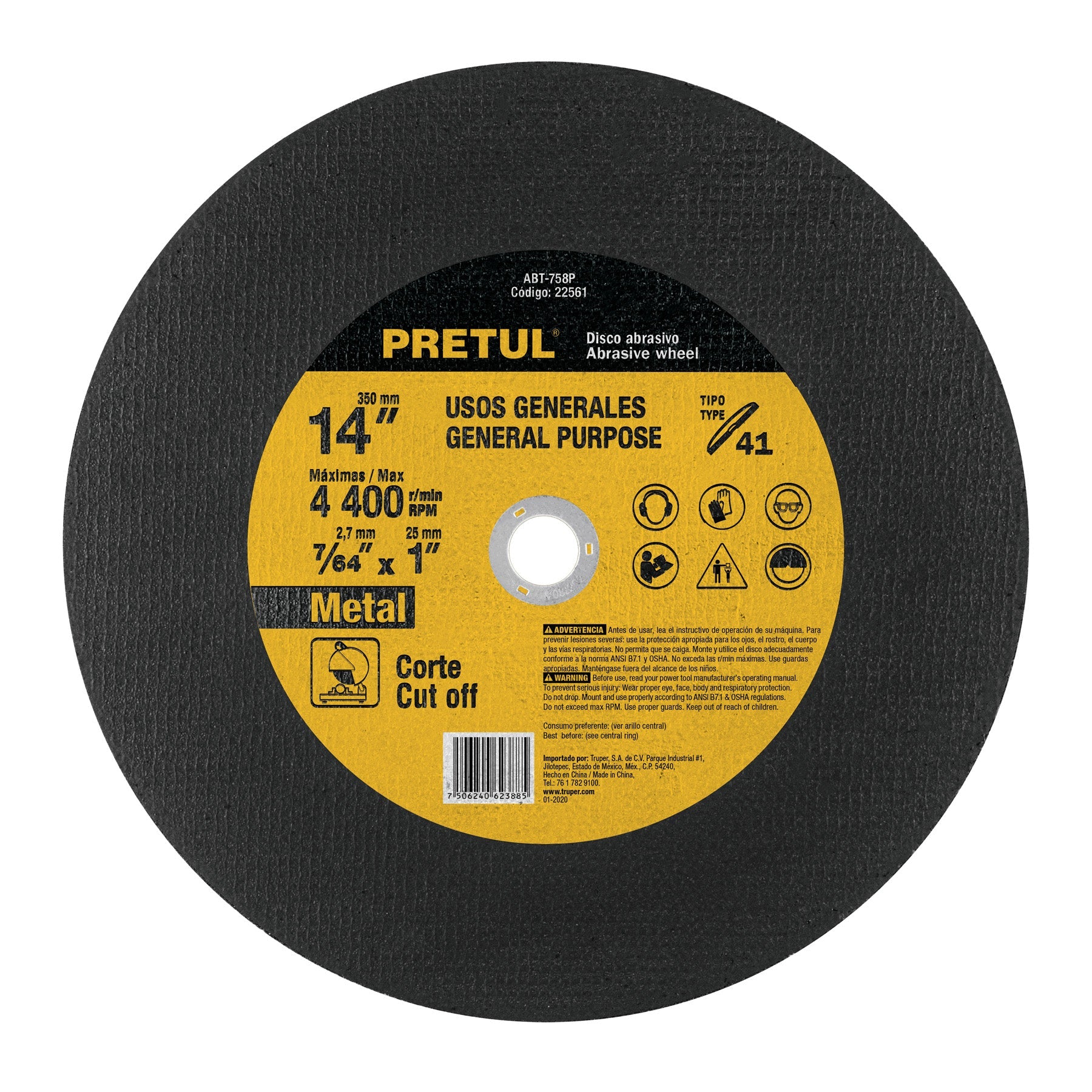 Disco Tipo 41 de 14' x 3.1 mm para corte de metal, PRETUL