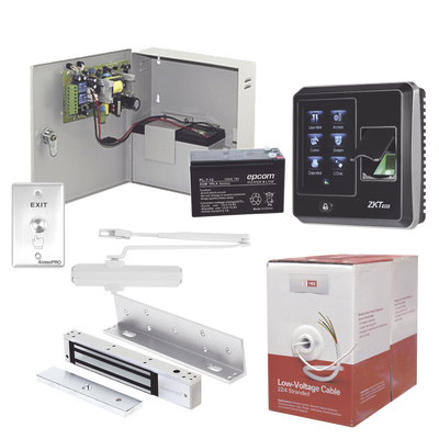 ACCESSPRO - Sistema Completo de Acceso, Incluye Lector Biometrico SF300, Chapa magnética con bracket, Cierra puerta, Botón de Salida, Cable " Gratis ", y fuente profesional con Batería