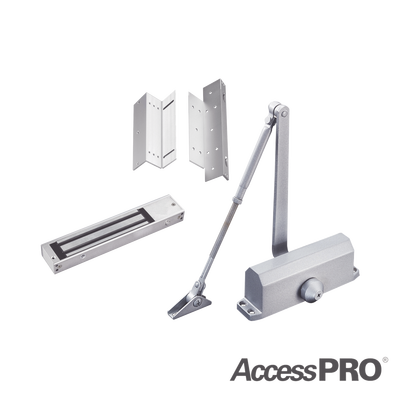 ACCESSPRO - Kit para control de acceso incluye Chapa magnética de 600Lbs / Montajes L y Z / Cierra puerta para 45-65Kg.