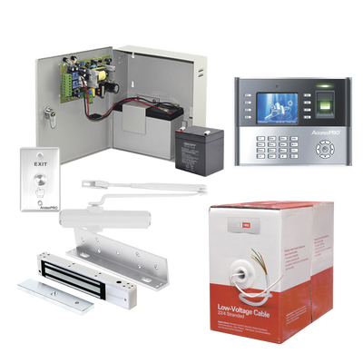 ACCESSPRO - Sistema Completo de Acceso, Incluye Lector Biometrico ICLOCK990, Chapa magnética con bracket, Cierra puerta, Botón de Salida, Cable " Gratis ", y fuente profesional con Batería