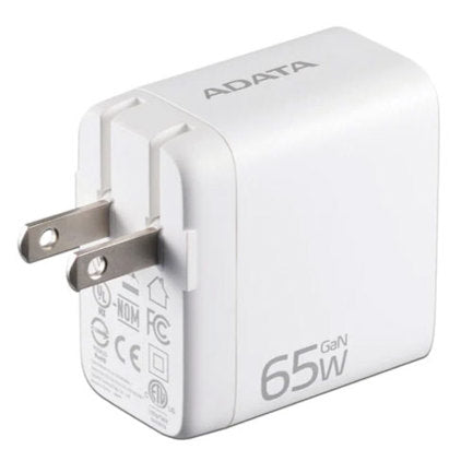 ADATA - Cargador de USB Adata de Pared 65W con 2 Puertos Tipo C y 1 Puerto USB a Enchufe Plegable color Blanco