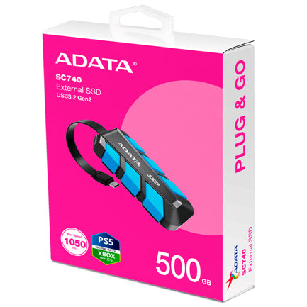 ADATA - Unidad de Estado Sólido SSD Adata Portátil SC740 500GB USB 3.2 Color Azul