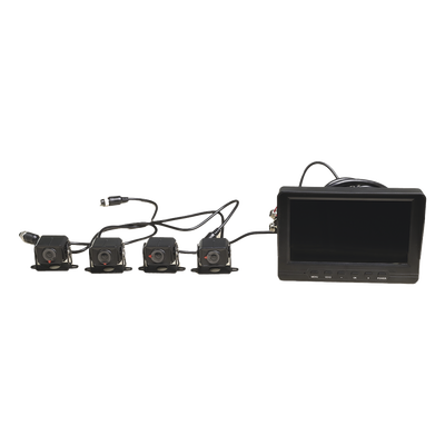 HIKVISION - Sistema de Monitoreo Local / 4 Cámaras 1080p para Exterior (IP68) y Pantalla LCD de 7" a Color / Memoria Micro SD de 64 GB (Expandible a 512 GB) / Soporta Cambio de Cámara al Dar Reversa al Vehiculo / Accesorios de Instalación