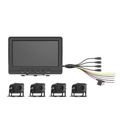 HIKVISION - Sistema de Monitoreo Local / 4 Cámaras 1080p para Exterior (IP68) y Pantalla LCD de 7" a Color / Memoria Micro SD de 64 GB (Expandible a 512 GB) / Soporta Cambio de Cámara al Dar Reversa al Vehiculo / Accesorios de Instalación