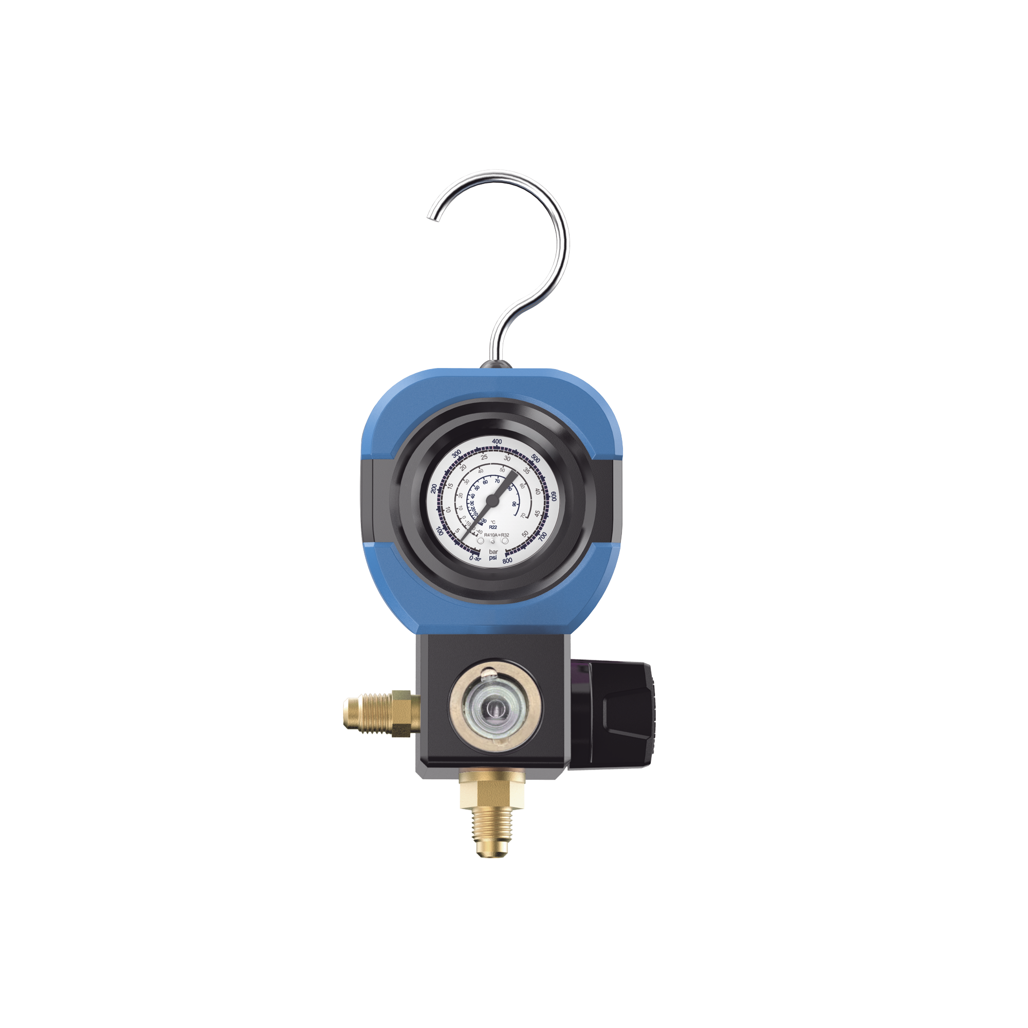 EPCOM - Manifold de Refrigeración AM1V 1 Válvula / Escala Compatible R22 R32/R410A R404A R407C / Interfaz 1/4" SAE / Diámetro 90 mm / Rango de Presión -30 inHg - 500 psi / Diseño Integrado Resistente a Impactos