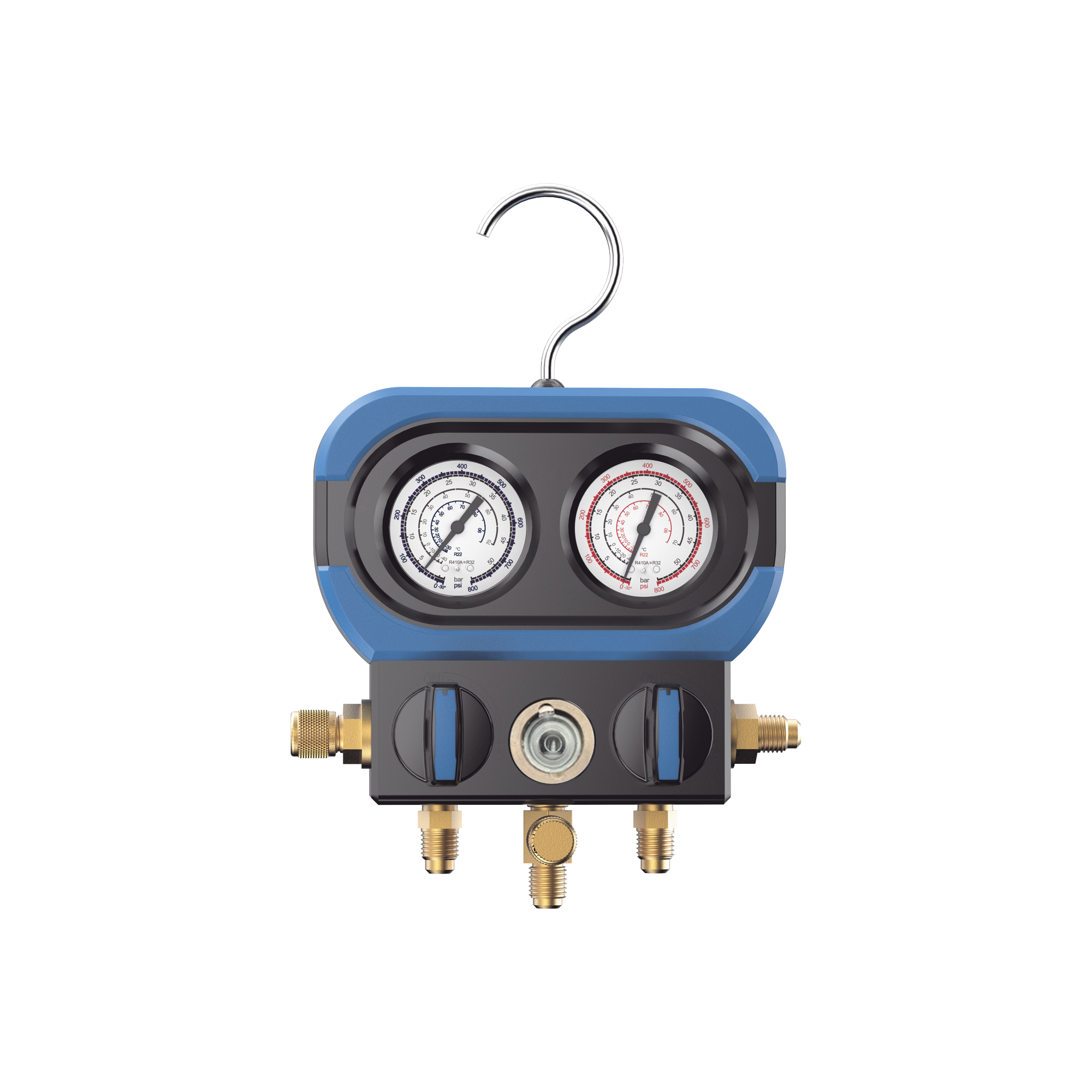 EPCOM - Manifold de 2 Válvulas AMAA para Refrigeración / Compatible con R22, R32/R410A, R404A, R407C / Escala de Manómetro Multigas / Interfaz 5/16" SAE / Rango de Vacío -30 inHg / Presión Máxima 500 psi / Resistente