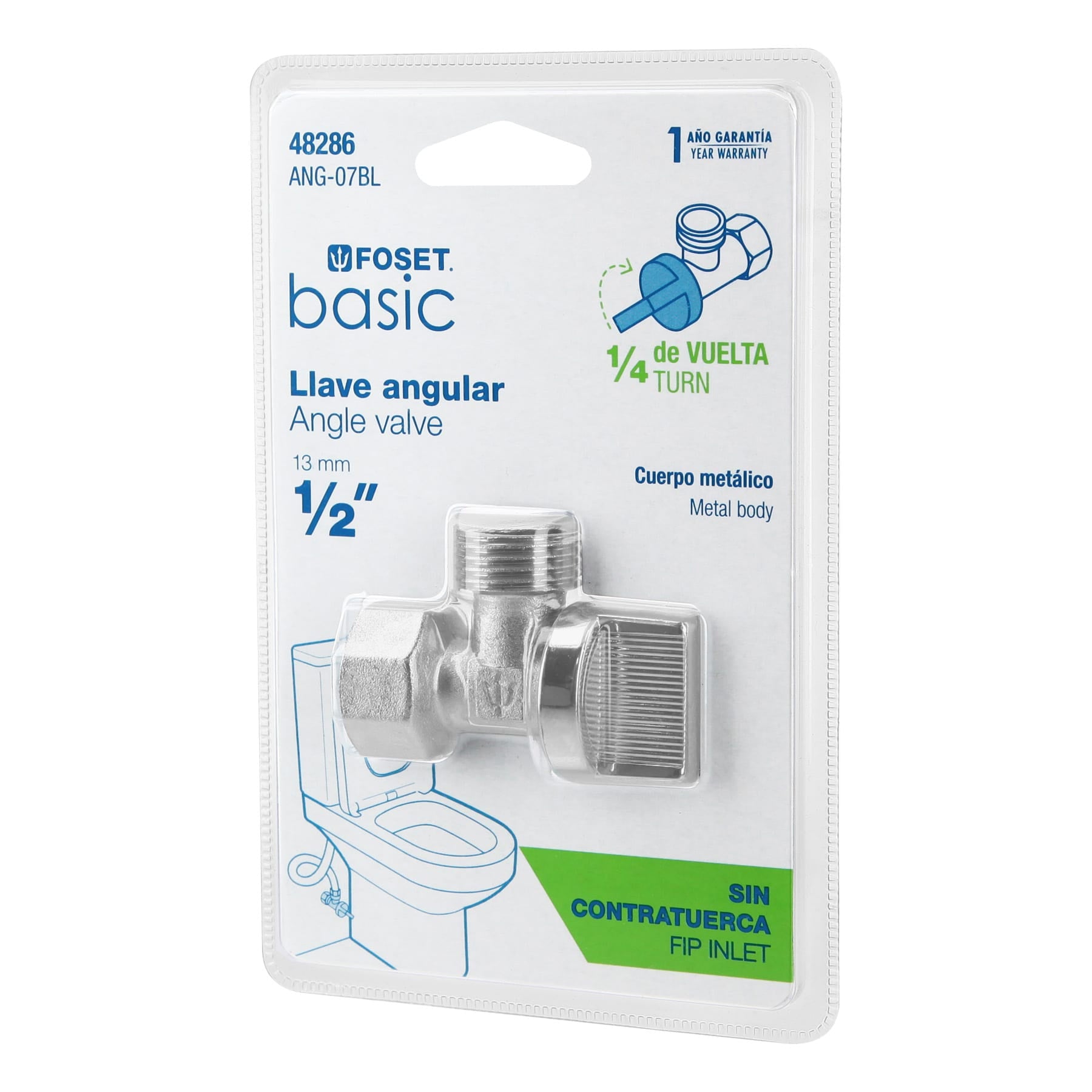Llave angular de 1/2', 1/4 de vuelta, blister, FOSET BASIC