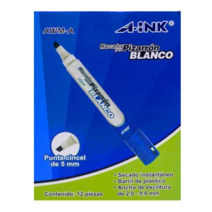 AINK - Marcador A-Ink Pizarrón Blanco Punta Cincel 5mm Color Azul C/12 Pzas